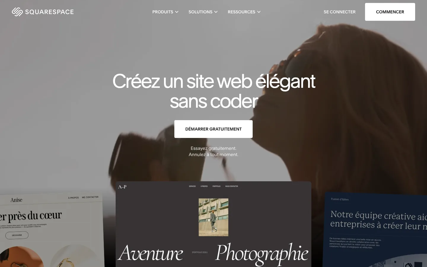 Squarespace homepage in French, a website builder with designer templates