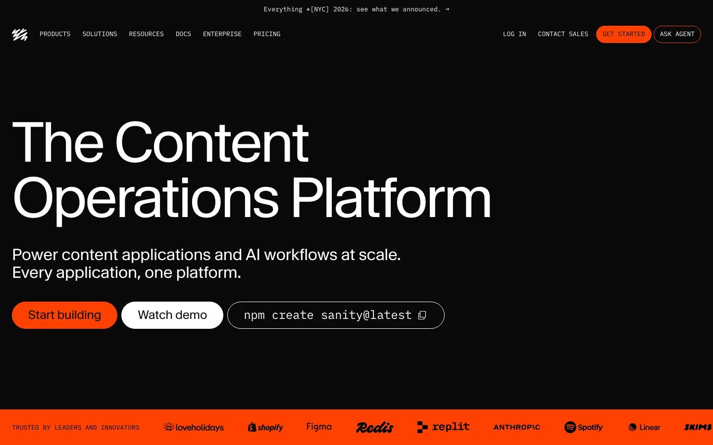 Page d'accueil de Sanity, plateforme de gestion de contenu headless pour les équipes et les agents IA