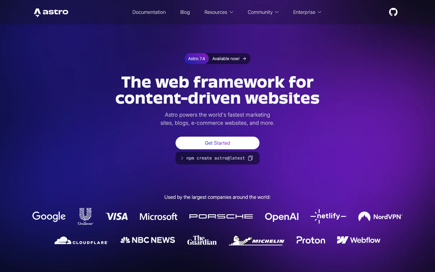 Astro homepage, a web framework for content websites, showing version 7.4