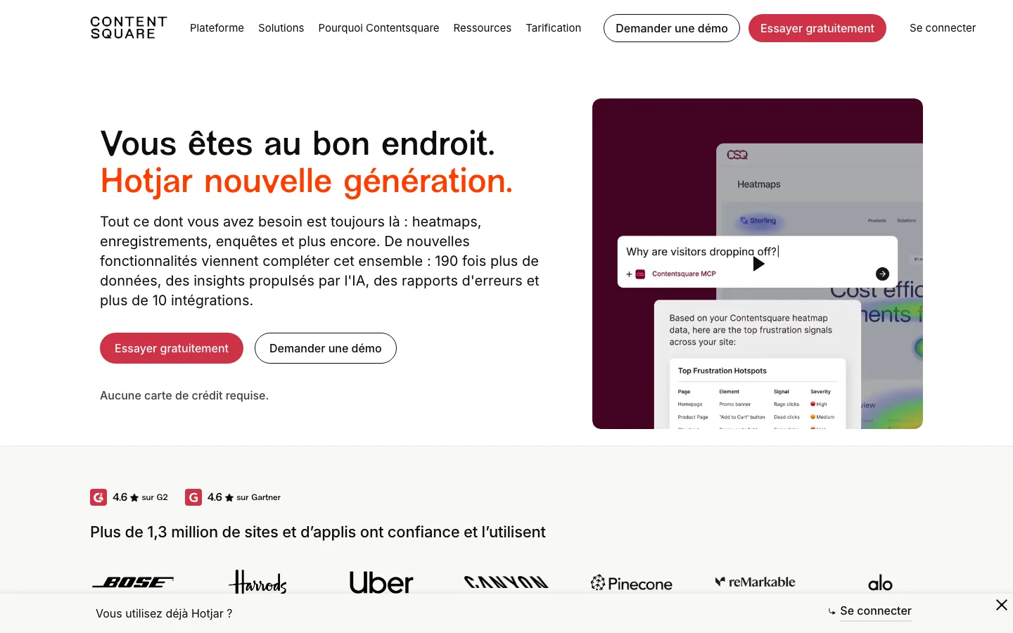 Page d'accueil de Hotjar en français, outil d'analyse du comportement des visiteurs par Contentsquare