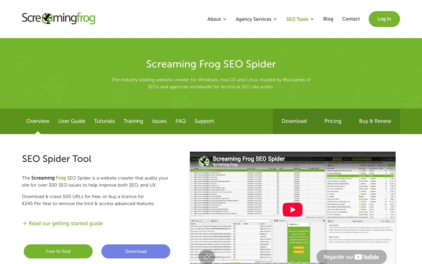 Page de présentation de Screaming Frog SEO Spider, logiciel de crawl pour l'audit SEO technique