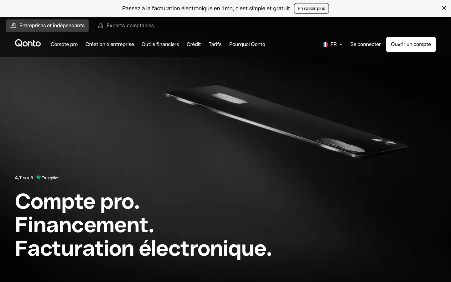 Page d'accueil de Qonto, néobanque des indépendants et des PME