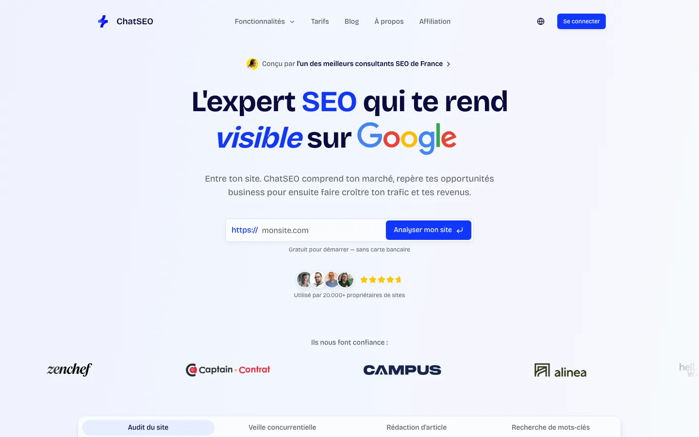 Page d'accueil de ChatSEO, outil d'agents IA pour le SEO et le GEO