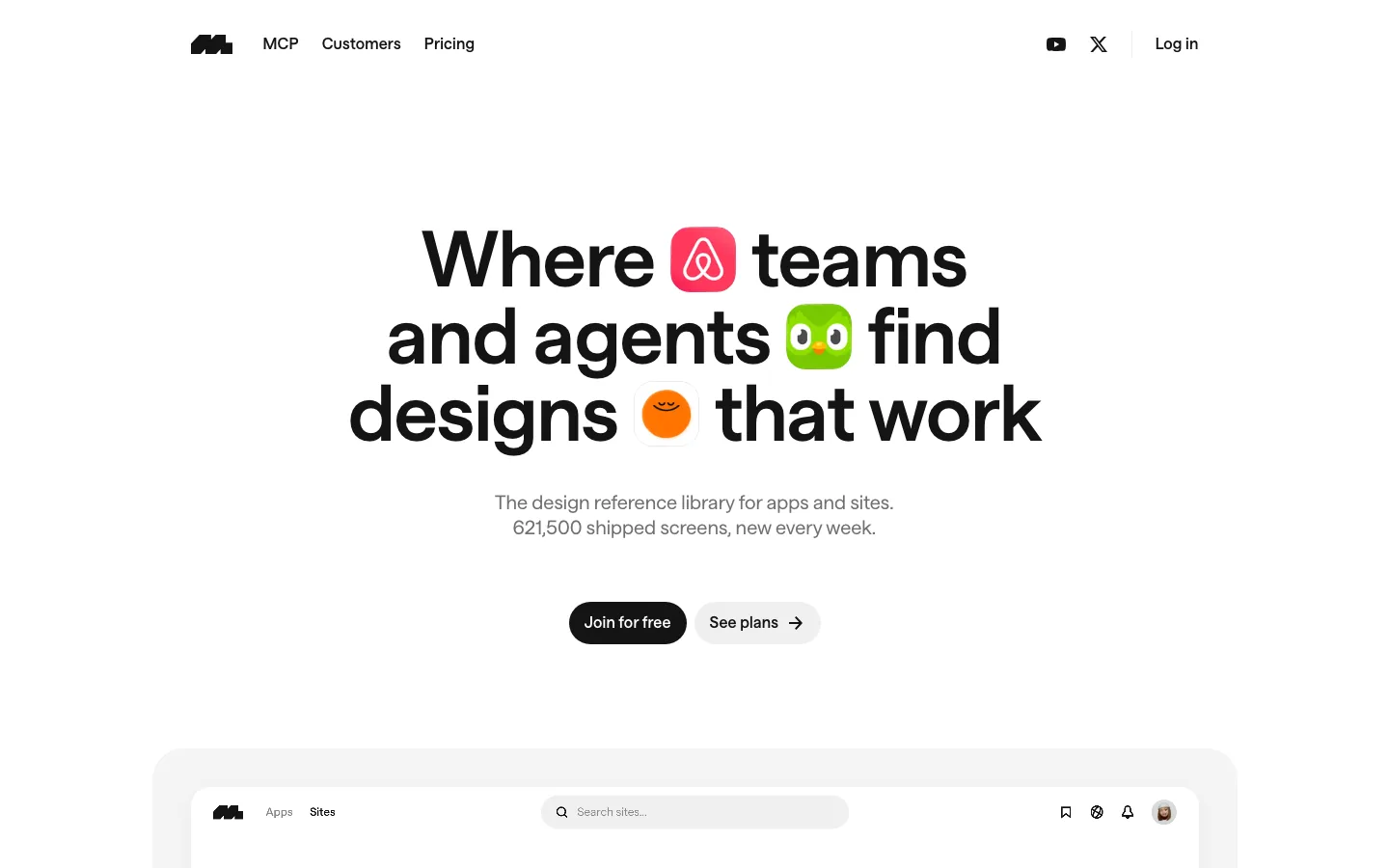 Mobbin homepage, library of app and website screenshots