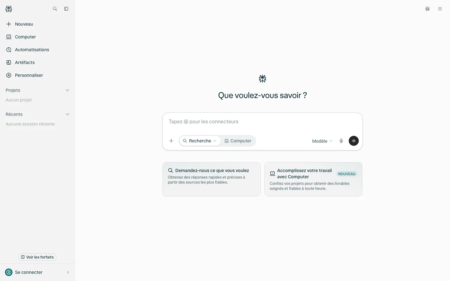 Page d'accueil de Perplexity, moteur de réponse par IA avec sources