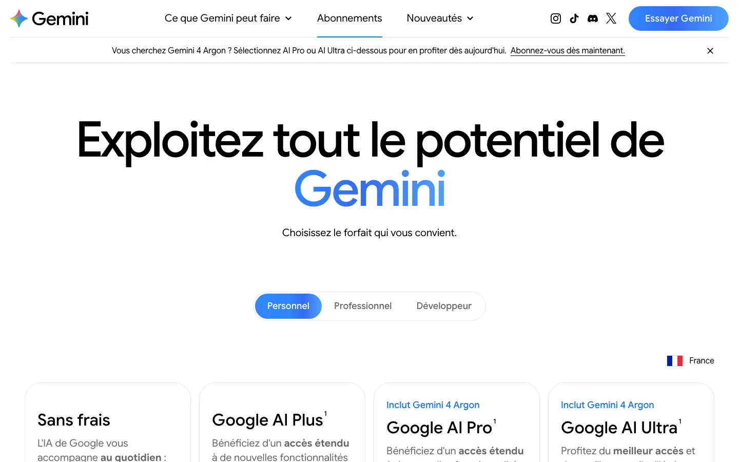 Gemini subscriptions page in France, from the free plan to Google AI Ultra