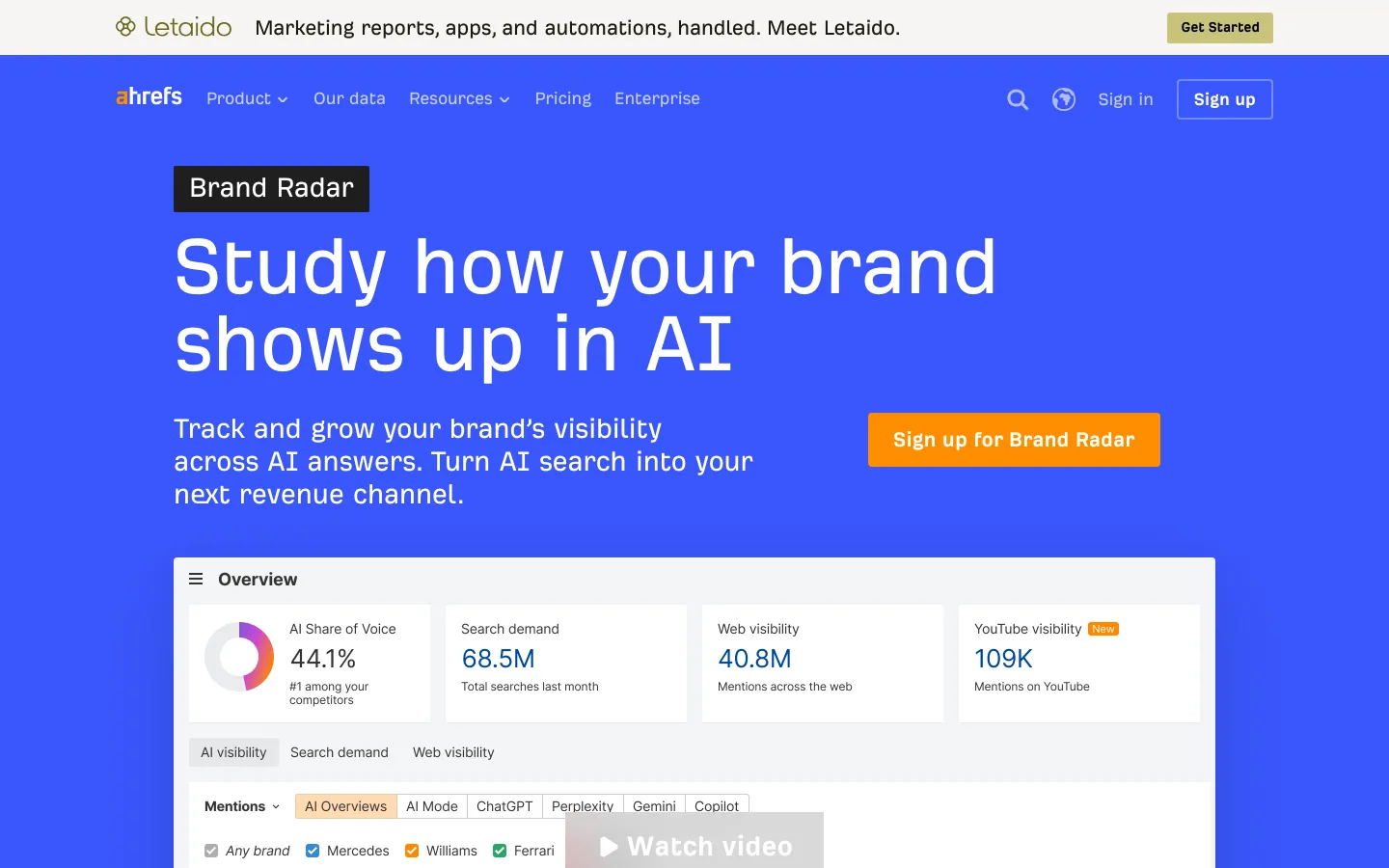 Ahrefs Brand Radar page, tool to track brand visibility in AI answers