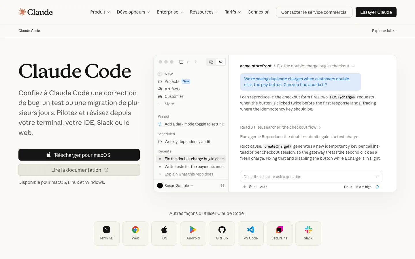 Page produit de Claude Code, agent de développement d'Anthropic