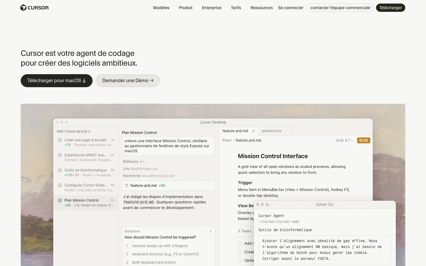 Page d'accueil de Cursor, éditeur de code avec agents IA