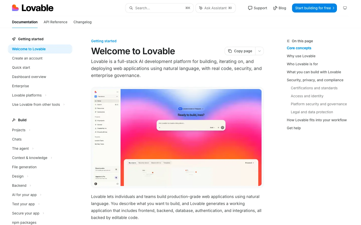 Lovable documentation, prompt-based web app builder