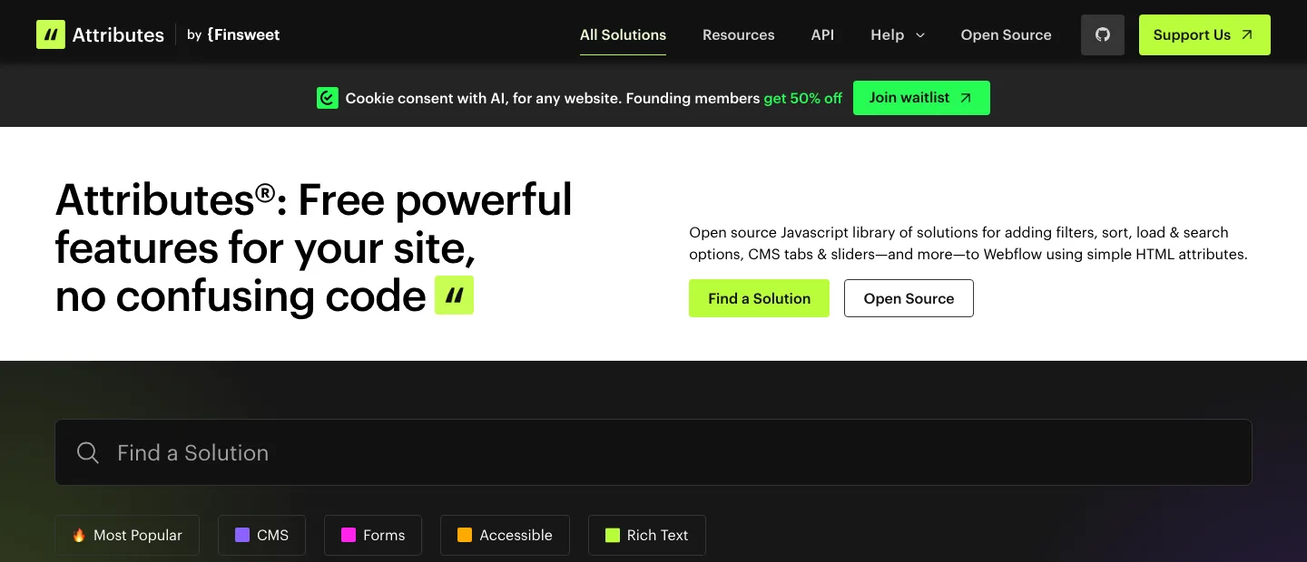 Finsweet Attributes directory, feature library for Webflow