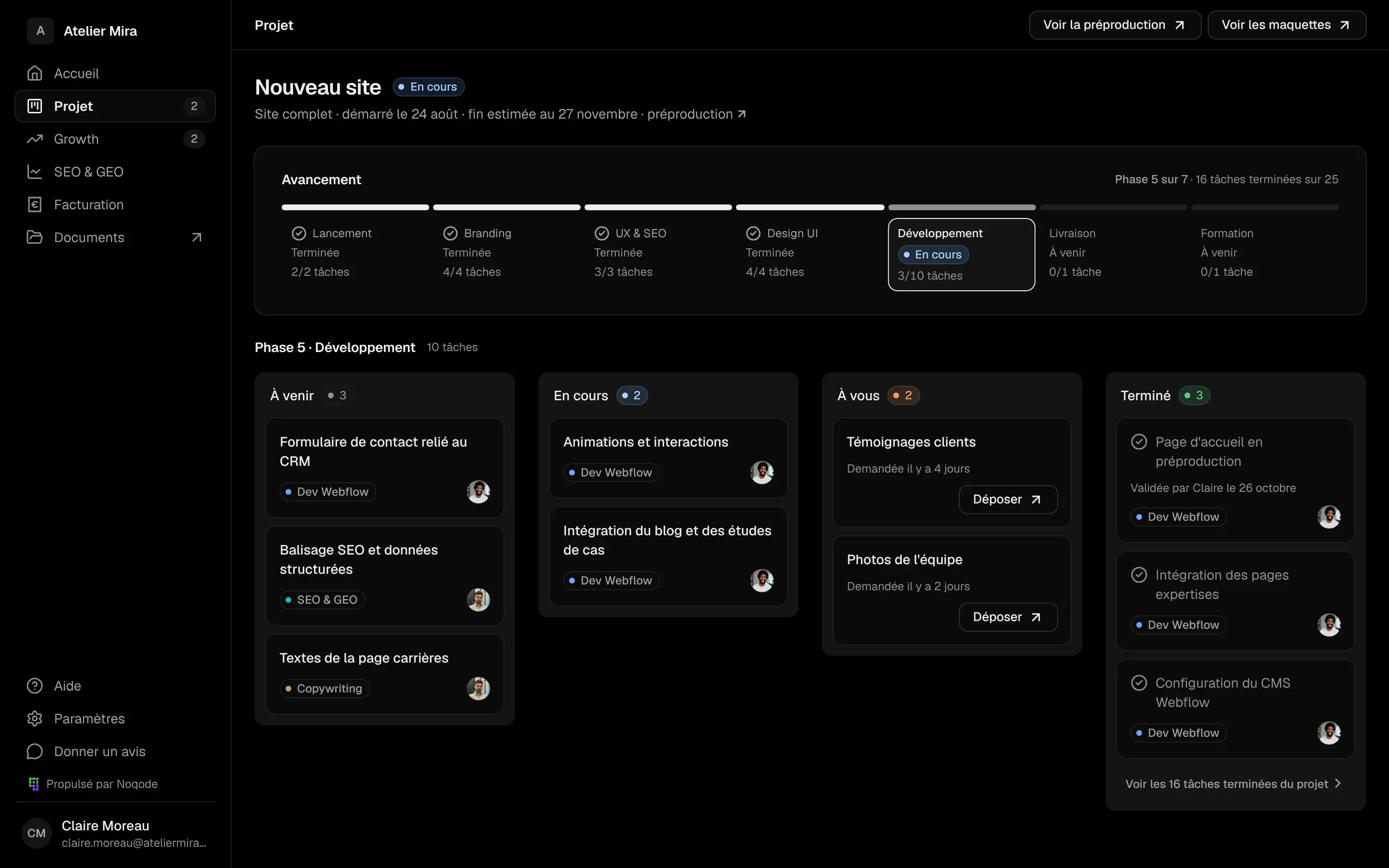 Noqode client portal project view with the phase timeline and tasks in four columns