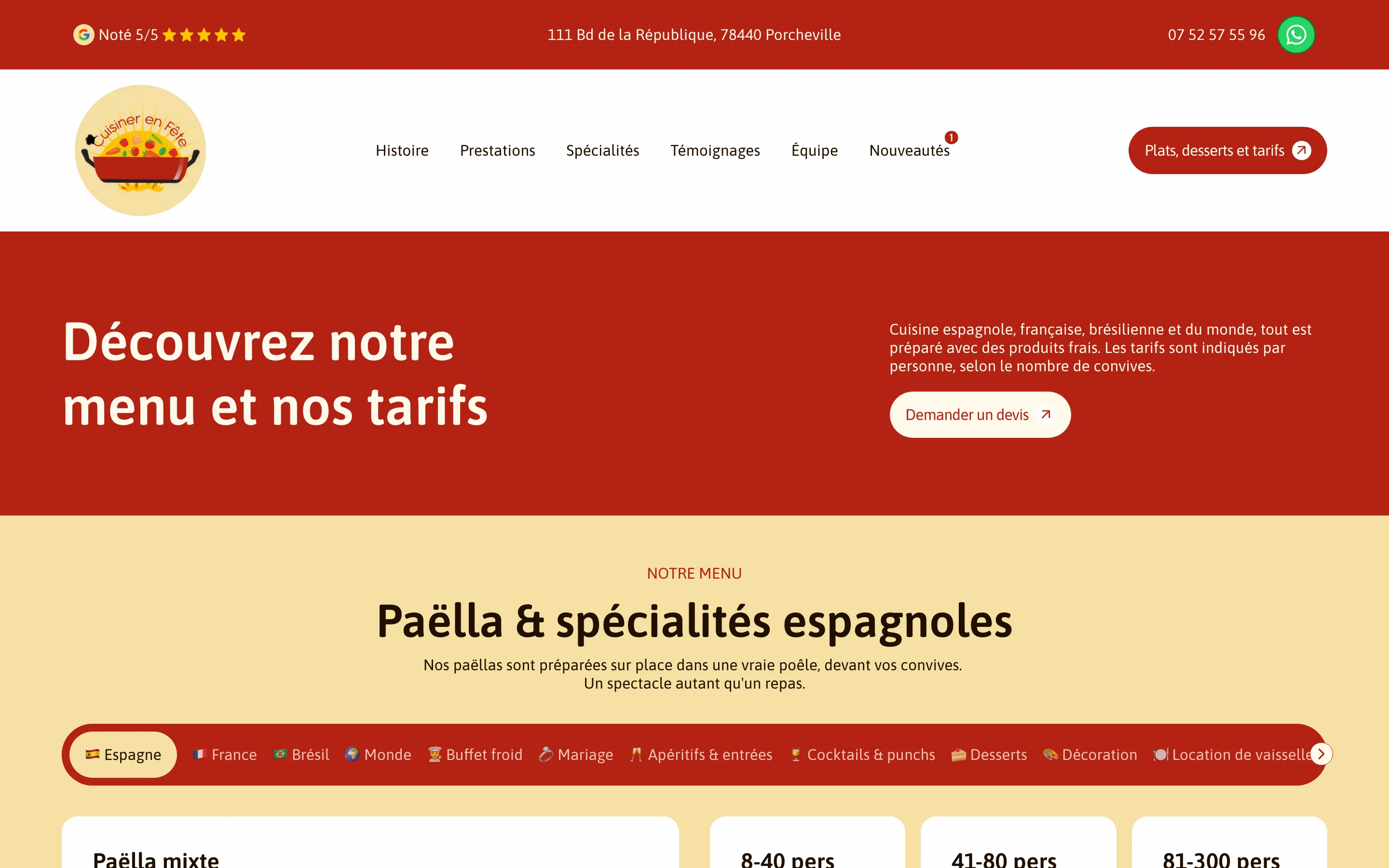 Menu page of the Cuisiner en fête website with cuisine categories and prices by number of guests