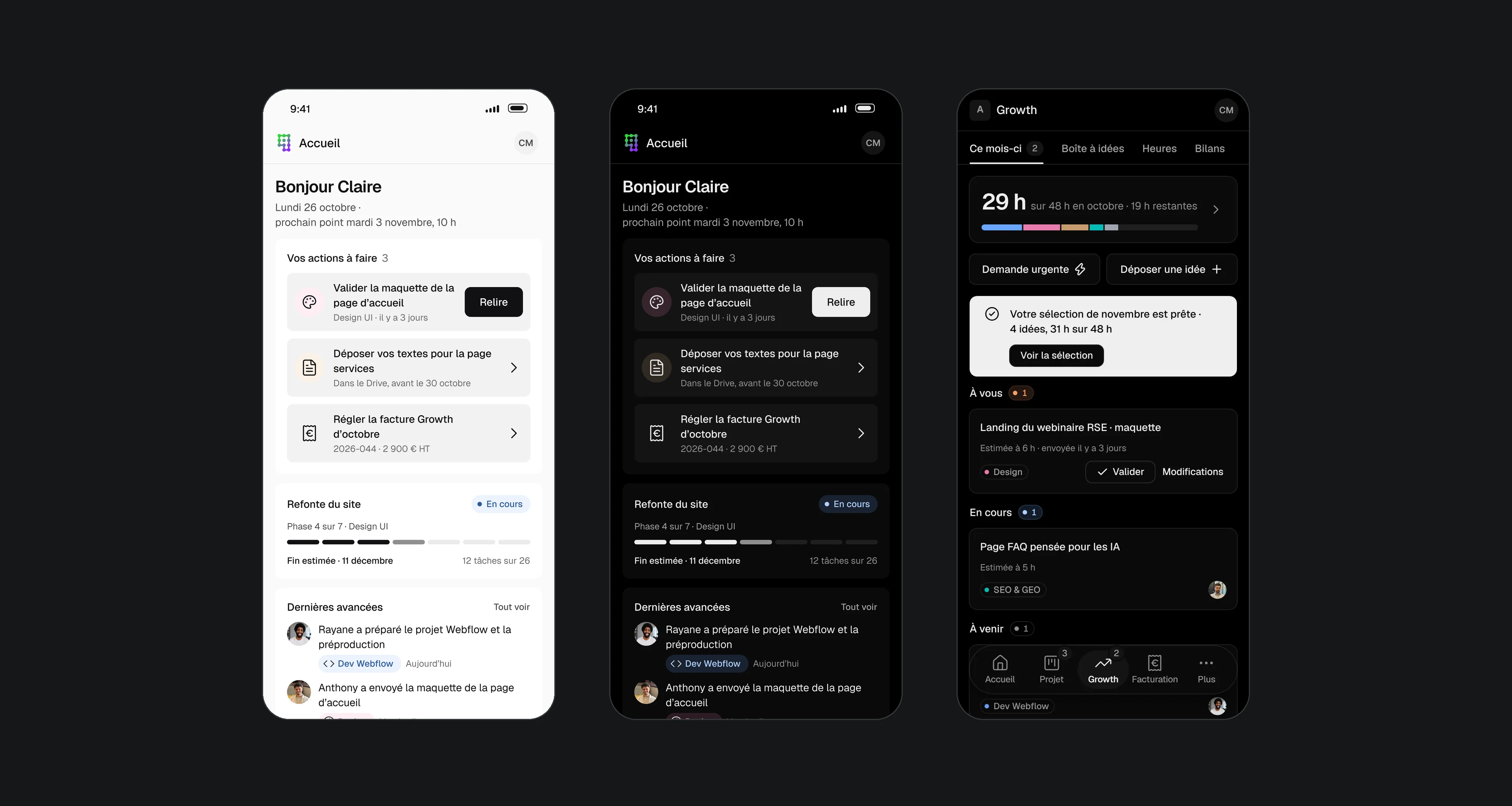 Noqode client portal: three mobile screens in light and dark mode