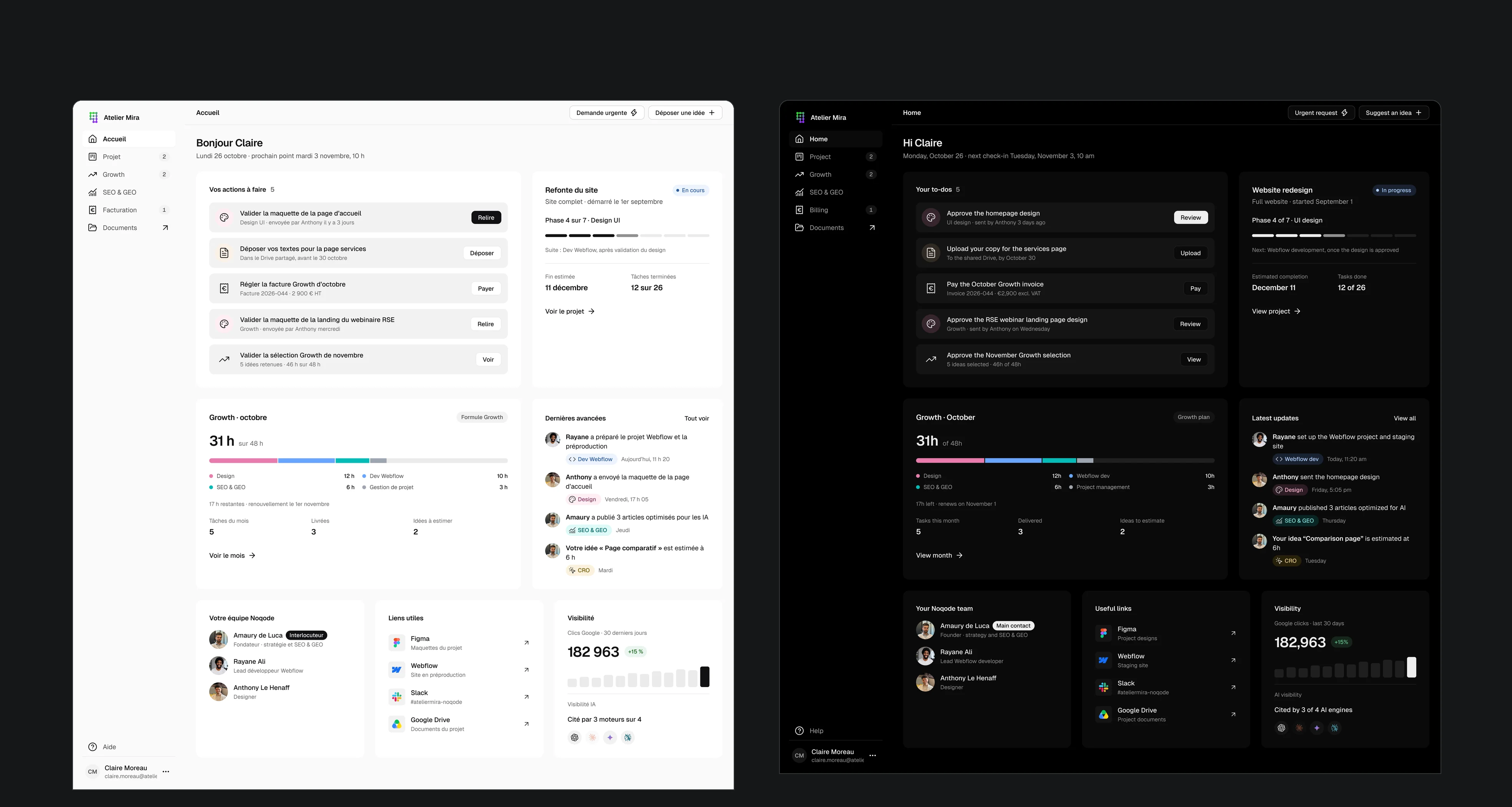 Noqode client portal: home screen in French and light mode, then in English and dark mode