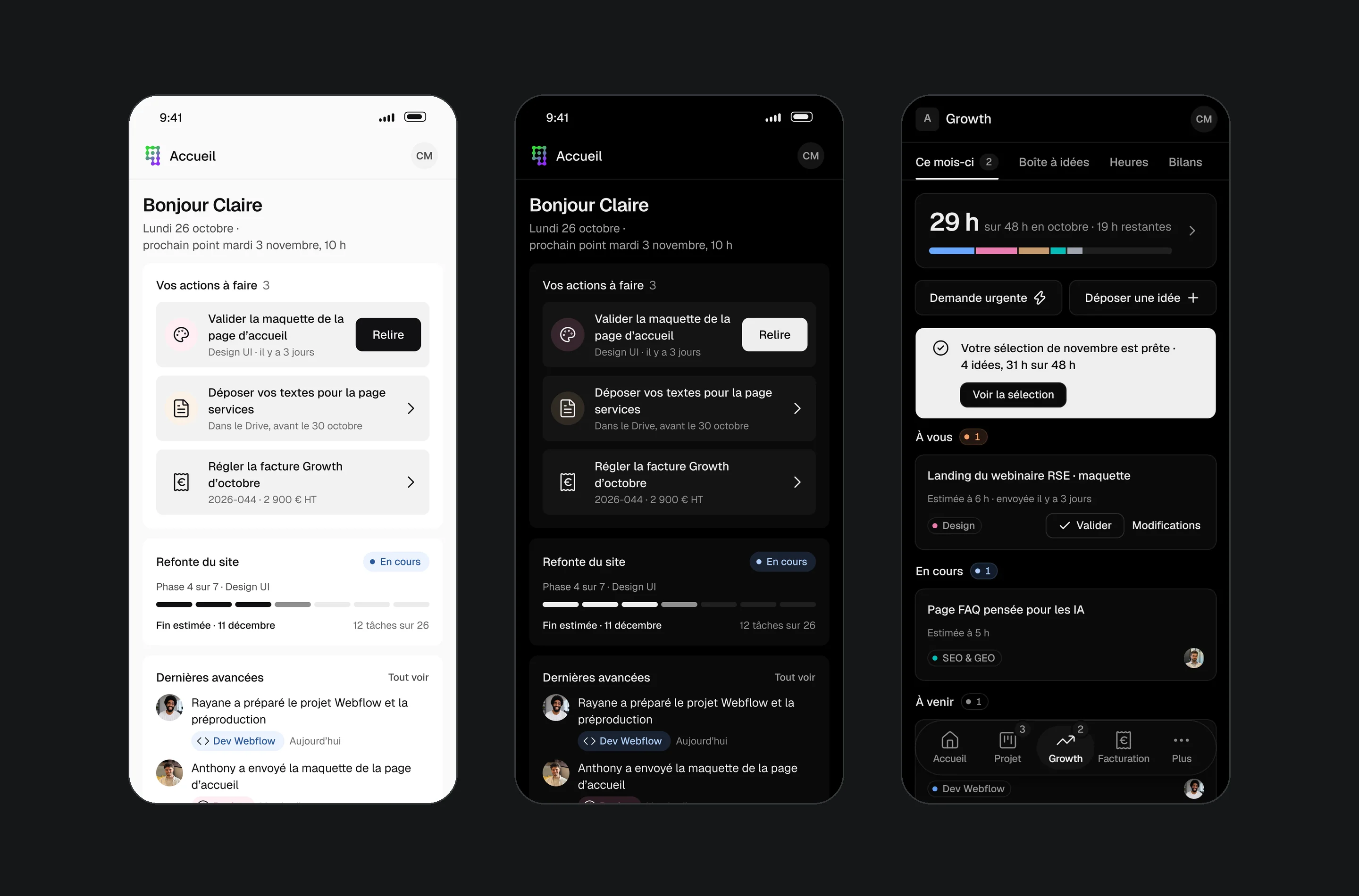 Noqode client portal home screen on mobile in light and dark mode, with the Growth Team screen