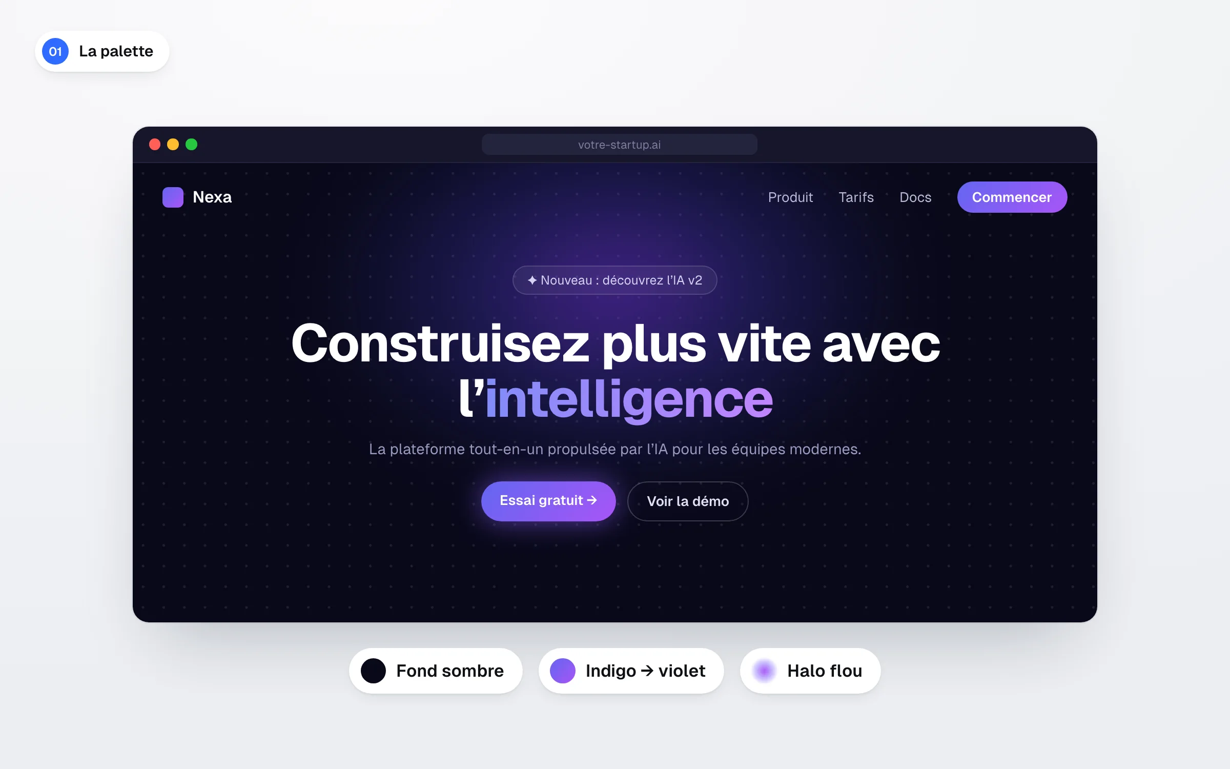Maquette de page d'accueil sur fond sombre avec dégradé indigo vers violet et halo flou derrière le titre, premier signe d'un design généré par l'IA