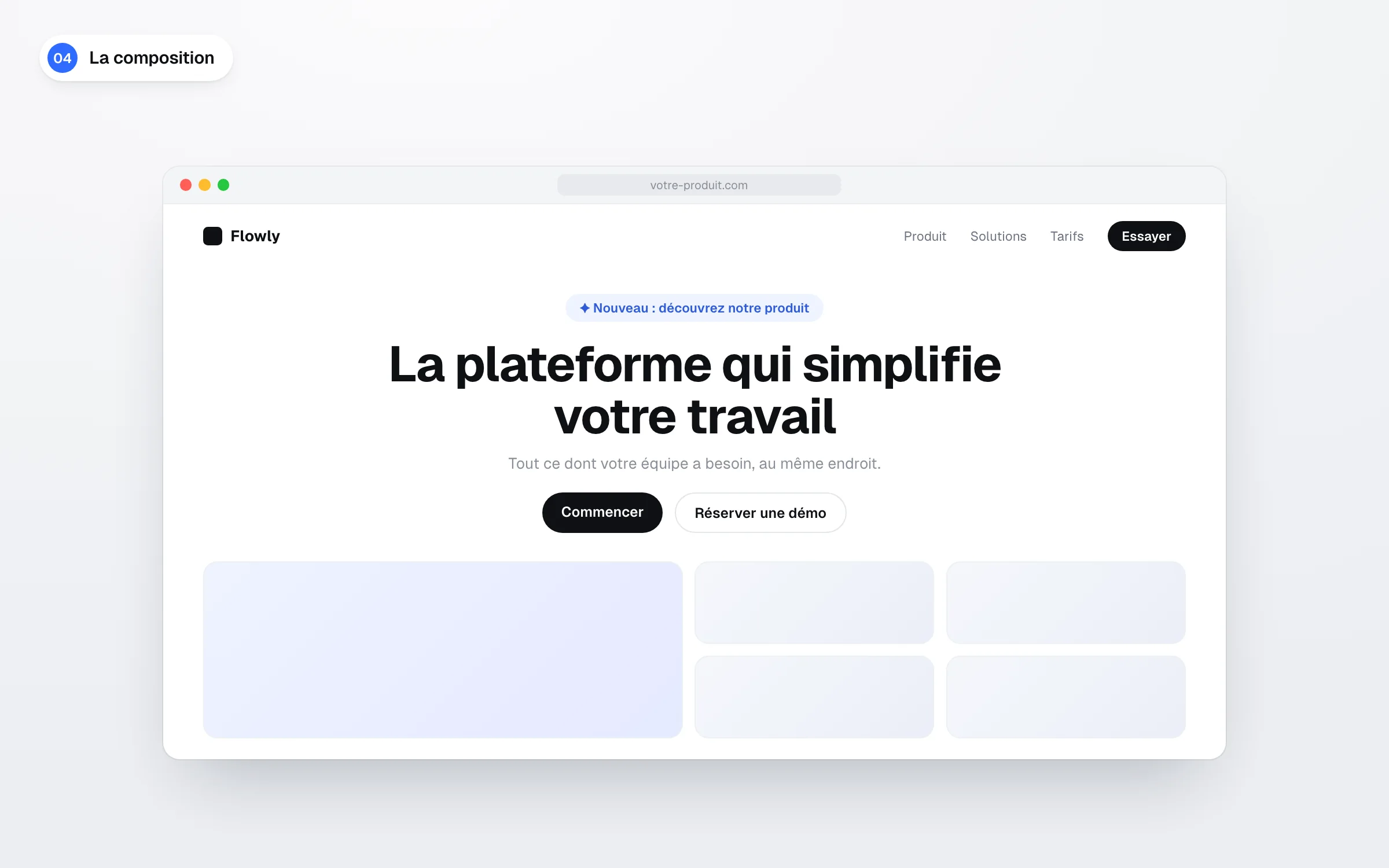 Page d'accueil avec badge de nouveauté, titre centré, sous-titre gris, deux boutons et bento des fonctionnalités en dessous, quatrième signe d'un design généré par l'IA