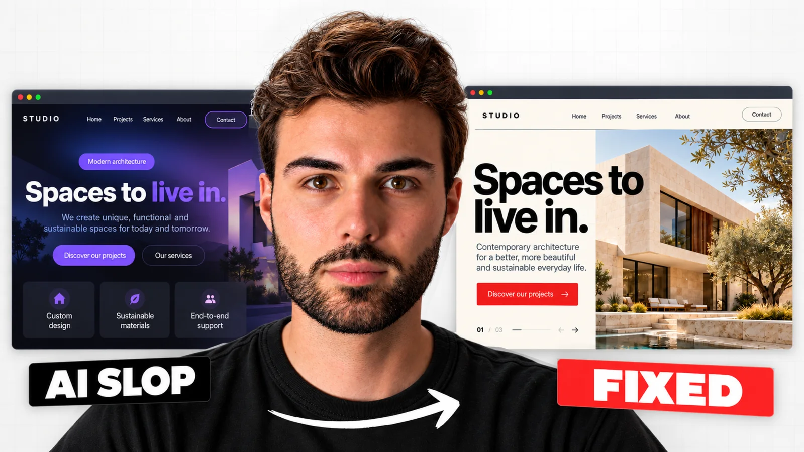 Comparison between an AI-generated home page on a purple background and its corrected version, thumbnail of Amaury de Luca's video