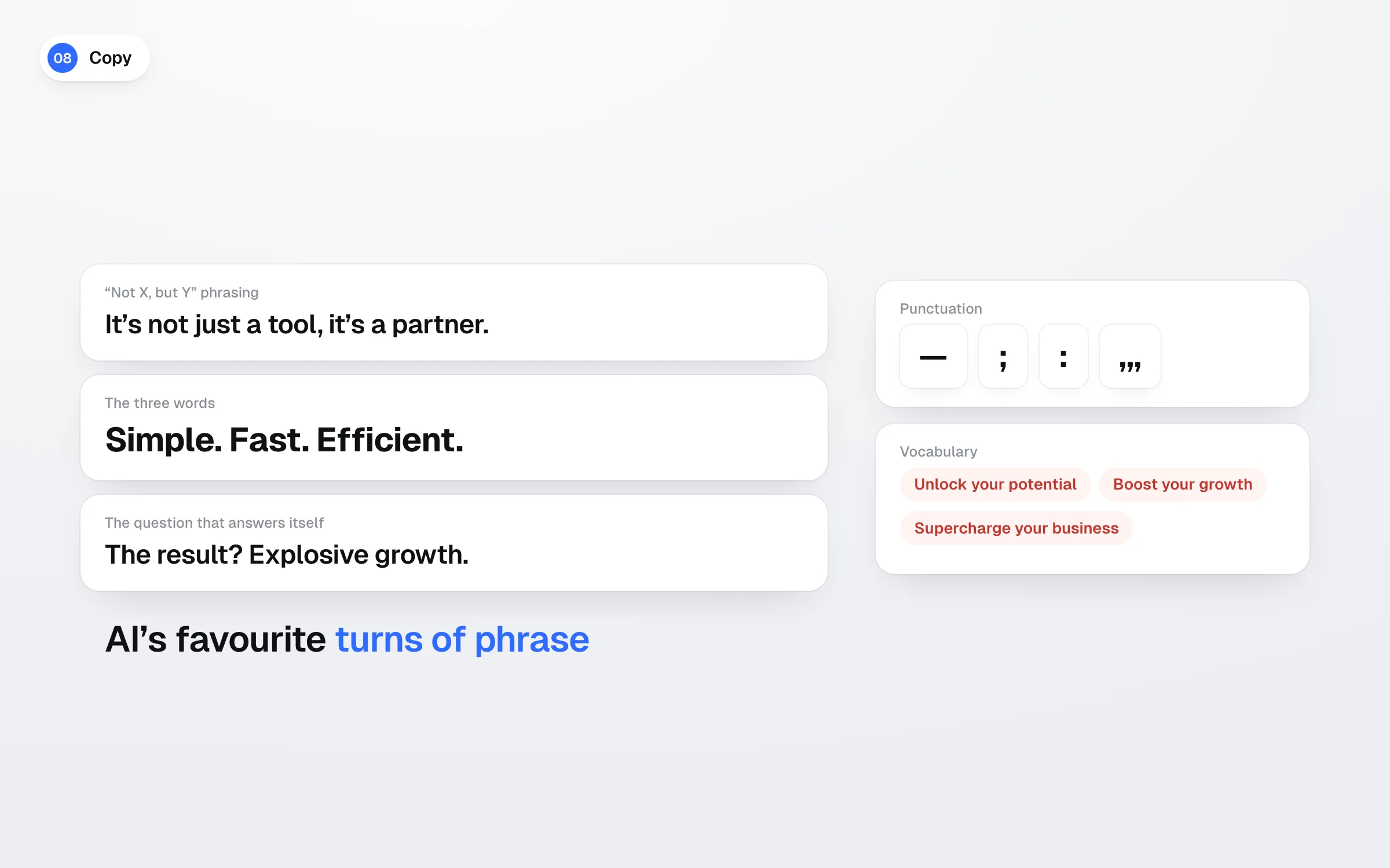 Typical AI turns of phrase such as “It’s not just a tool, it’s a partner” and “Simple. Fast. Efficient.”, eighth sign of an AI-generated design