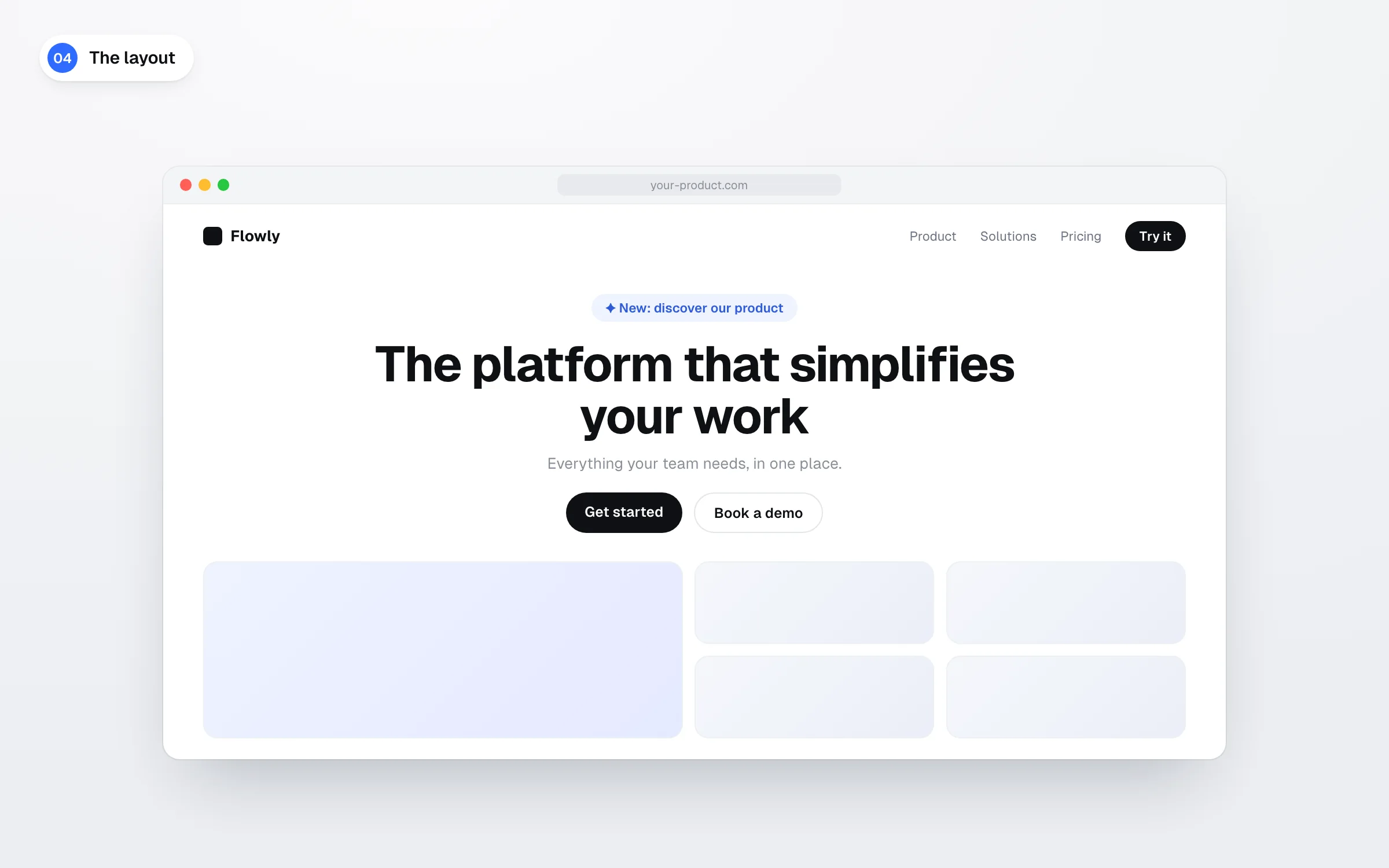 Home page with a new feature badge, centred headline, grey subtitle, two buttons and a feature bento grid below, fourth sign of an AI-generated design