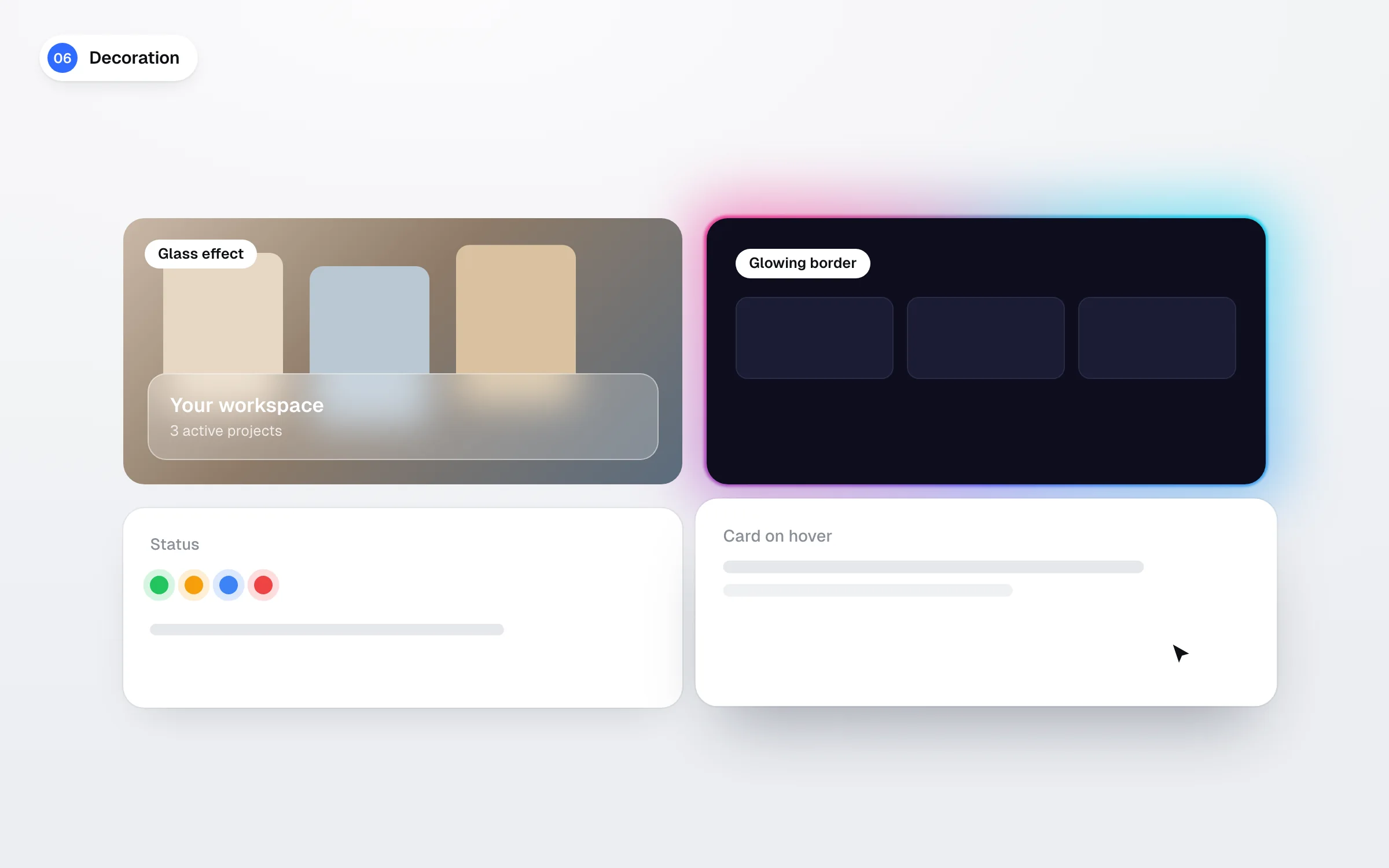 Glass effect, glowing border, coloured status dots and a card that grows on hover, sixth sign of an AI-generated design