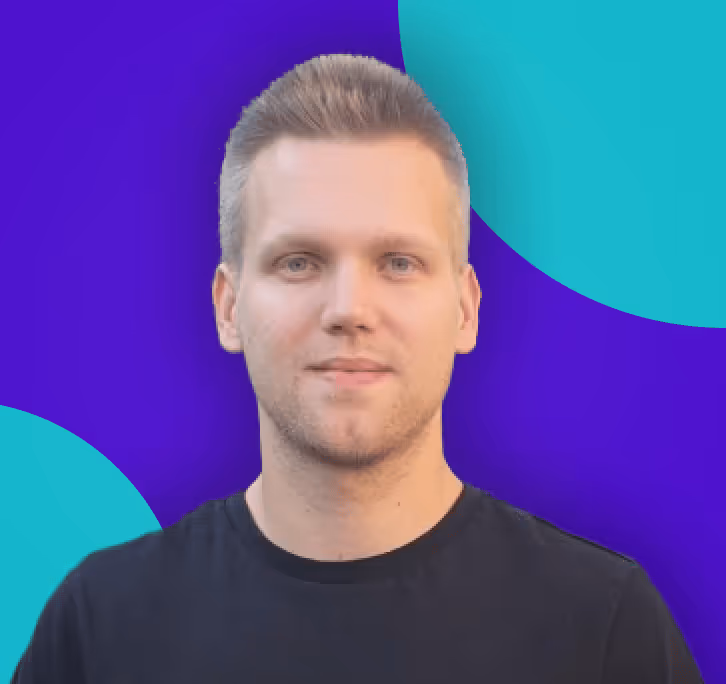 Portrait of a young man with short blonde hair and blue eyes wearing a black shirt against a blue and teal abstract background.