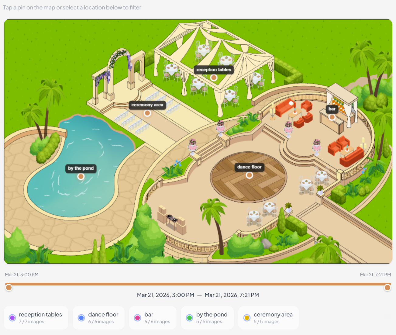 Wedding venue map with time slider