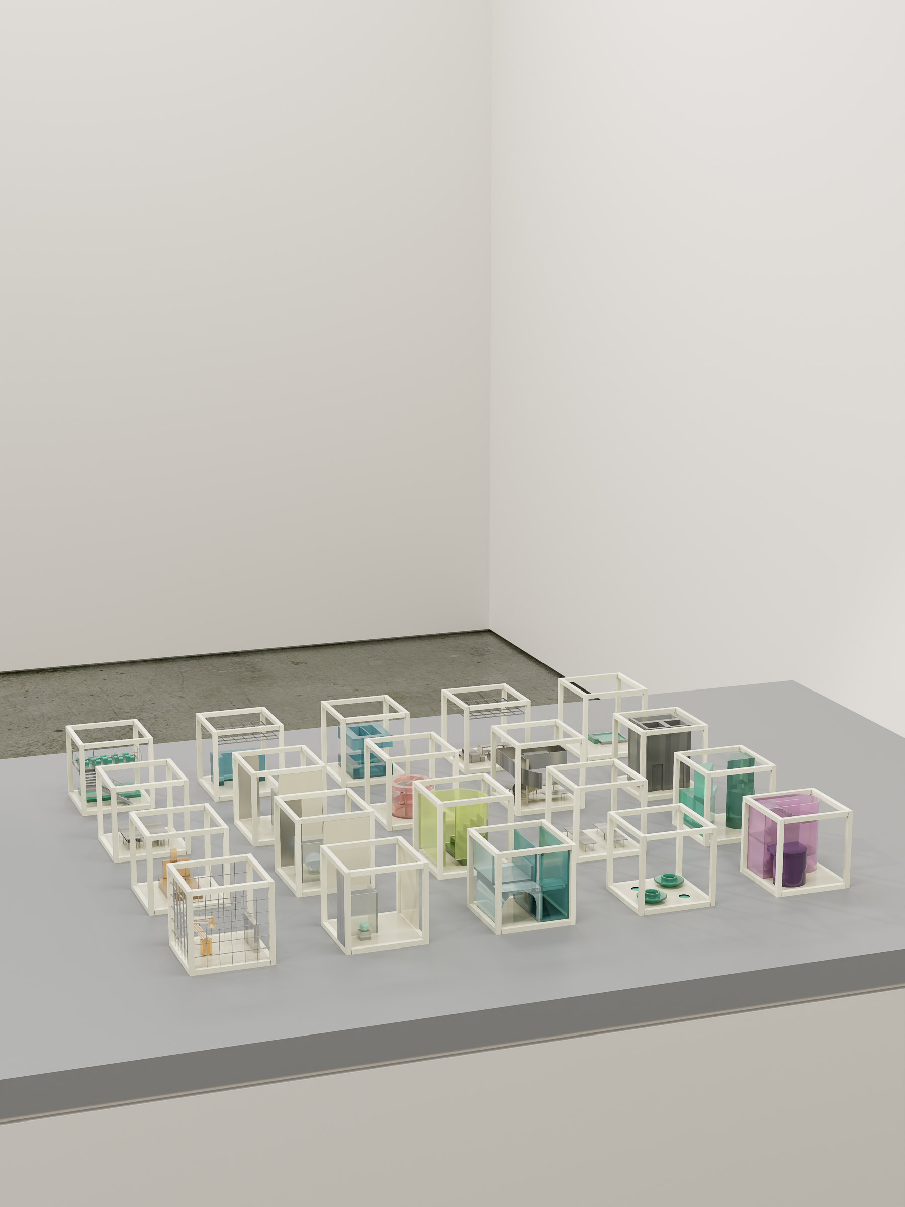 tabletop model showing individual modules for production, gathering, and cultivation within the overall system