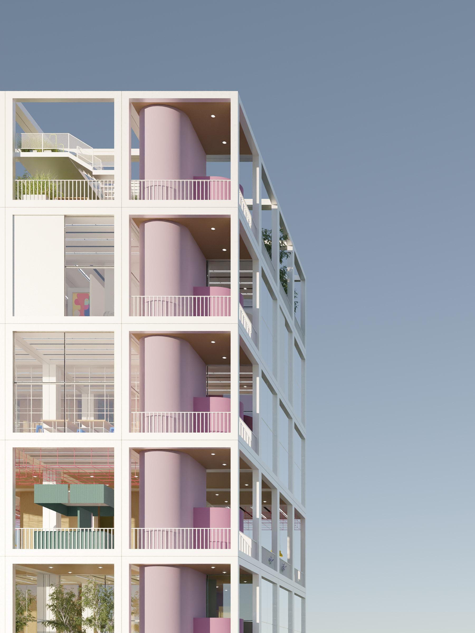 side elevation showing vertical stacking of modular units with interlocking terraces and planted thresholds