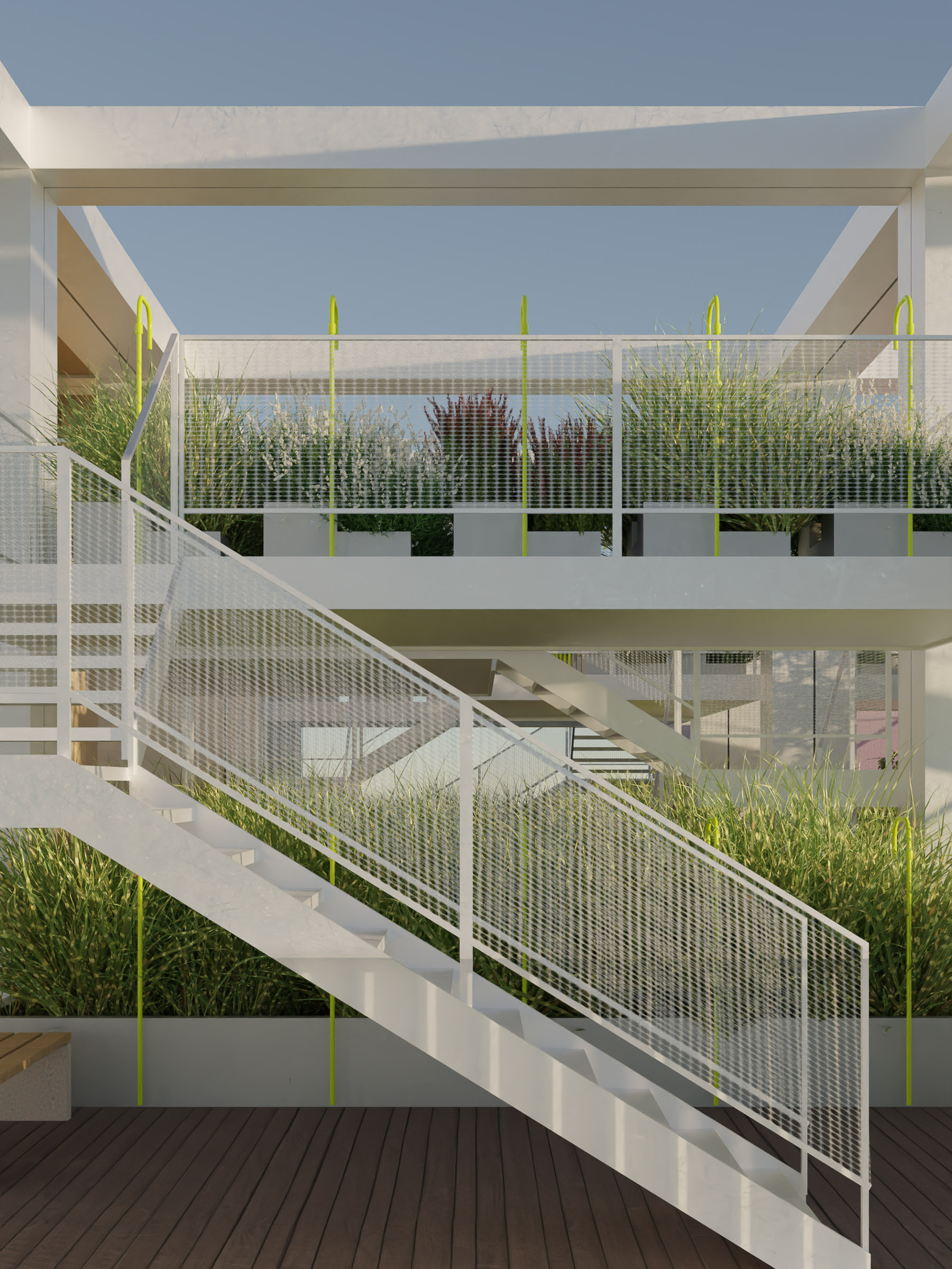 interior view of upper farming level within the modular frame showing planting and open circulation under the structural grid