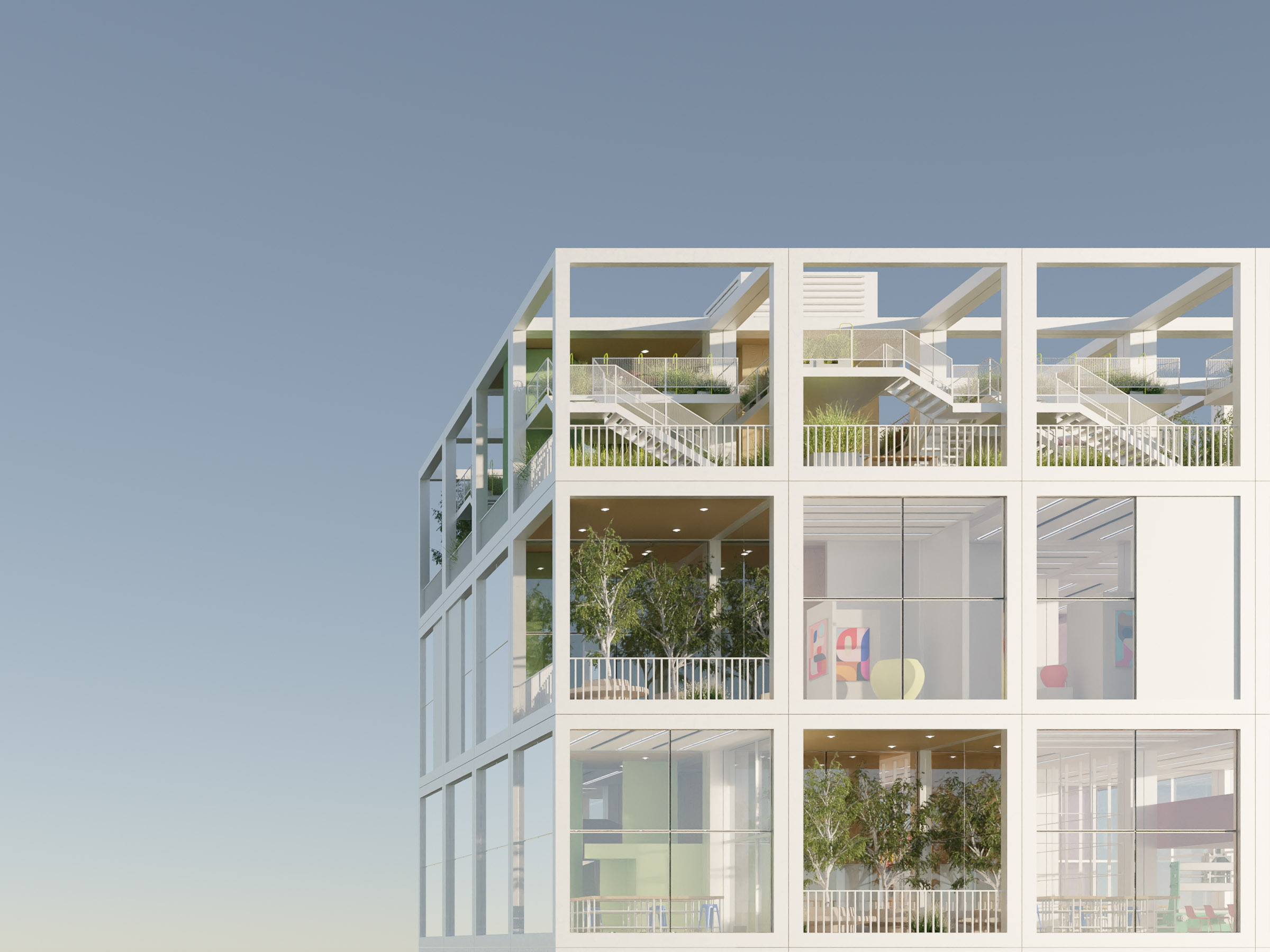 exterior perspective showing stacked modules, terraces, and open decks forming a civic framework in silicon valley