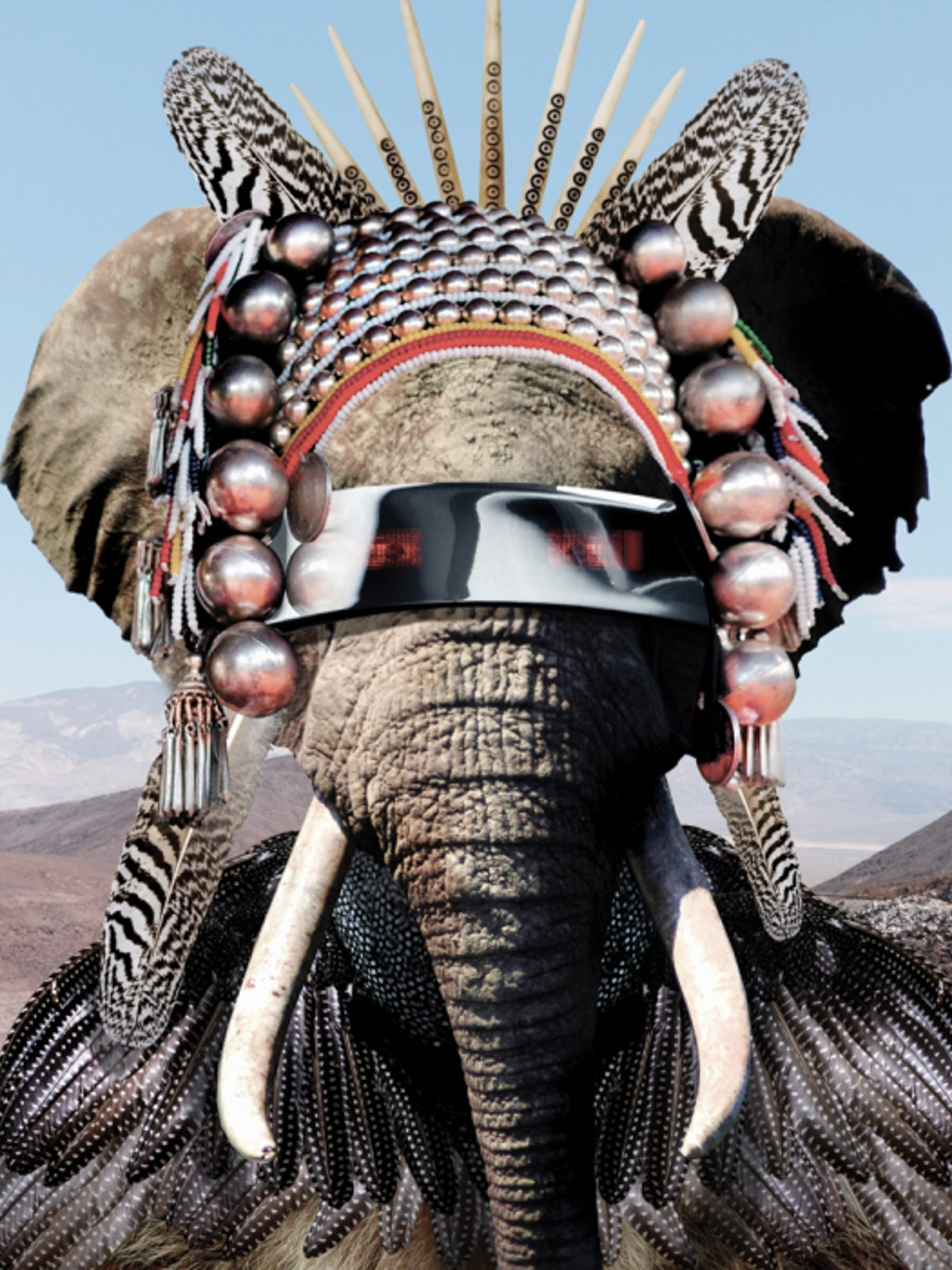 composite image by mat maitland depicting an elephant adorned with graphic and cultural elements