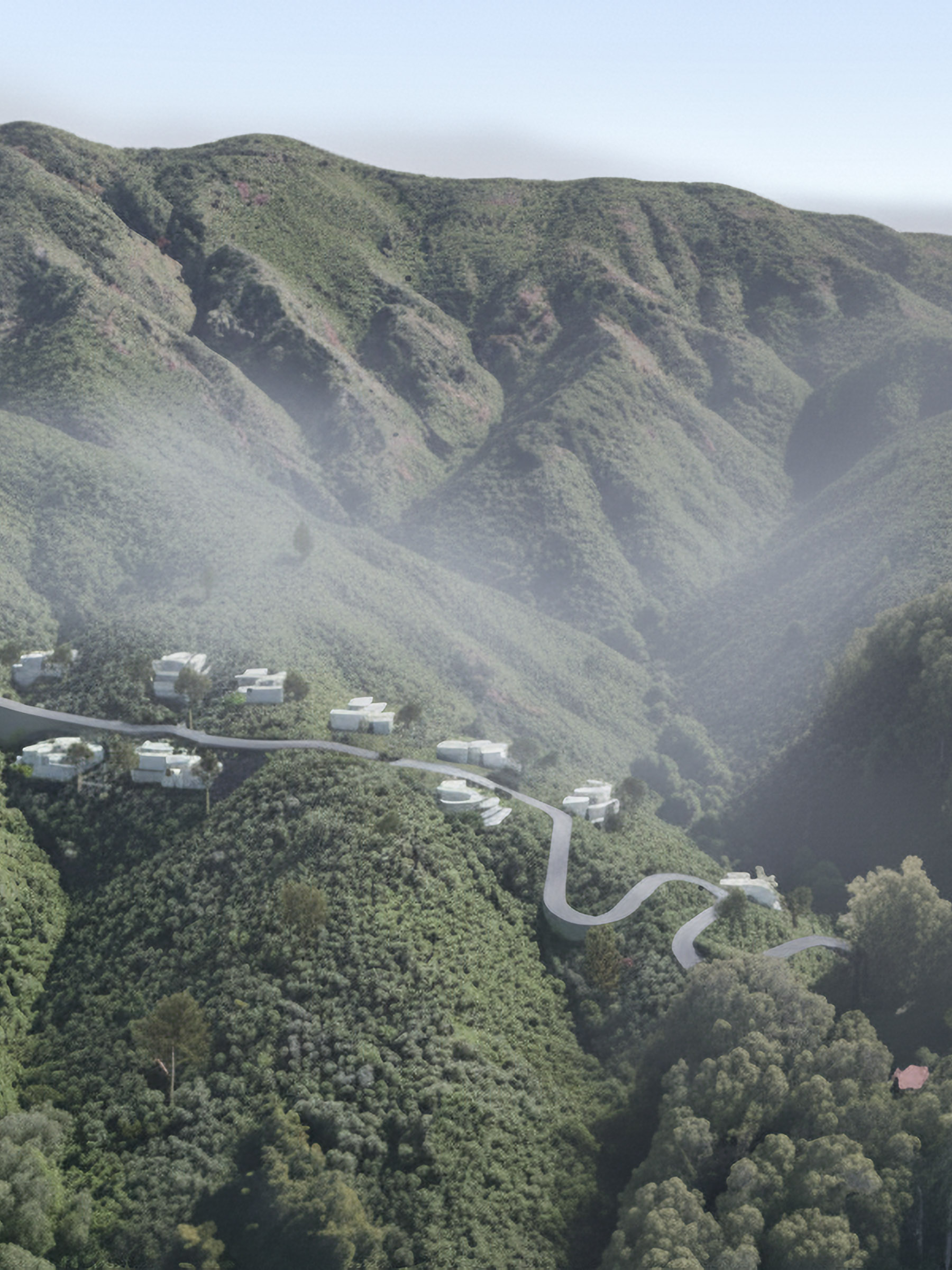 Aerial context of the Pacifica valley showing steep terrain and clustered site configuration.