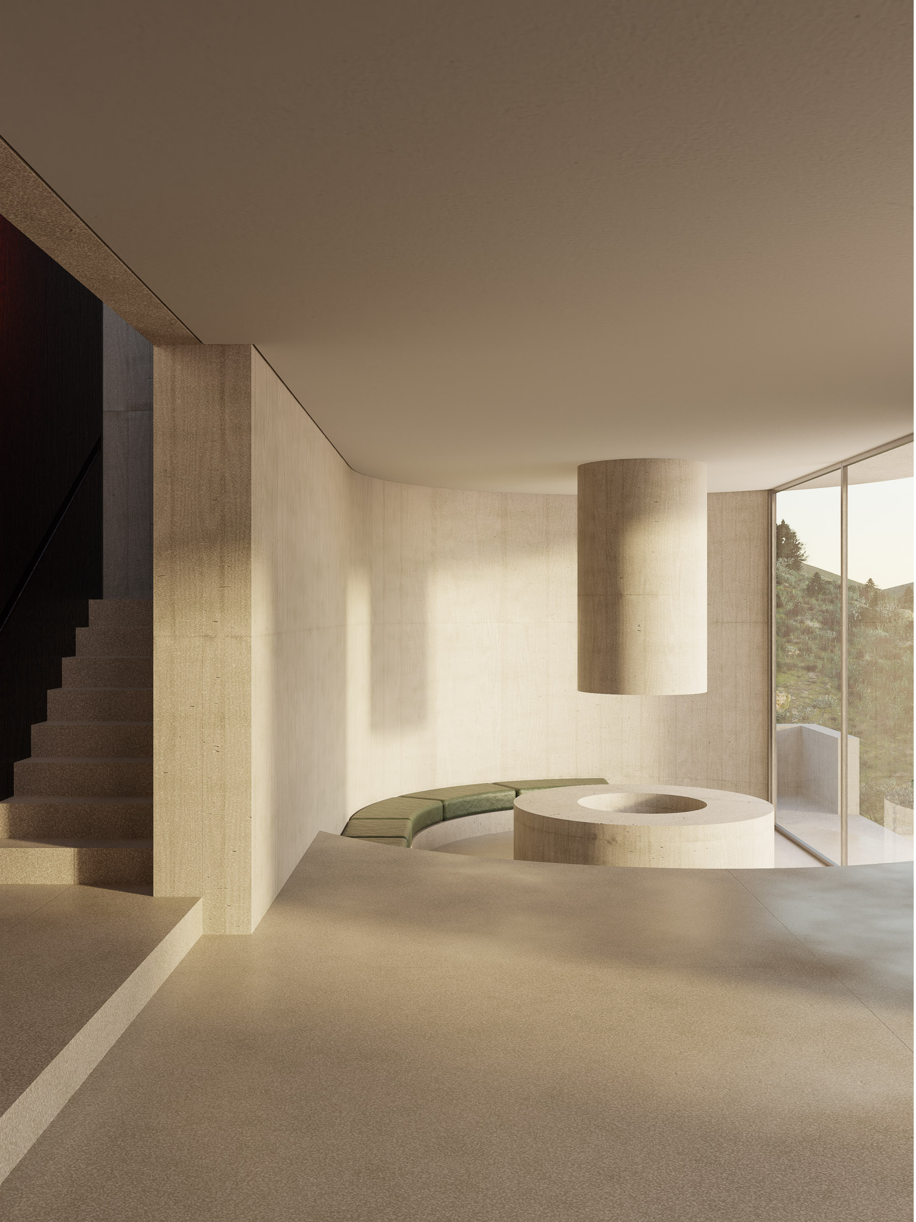 Interior of the lower living area with curved concrete walls, built-in seating, and warm filtered light entering from the landscape.
