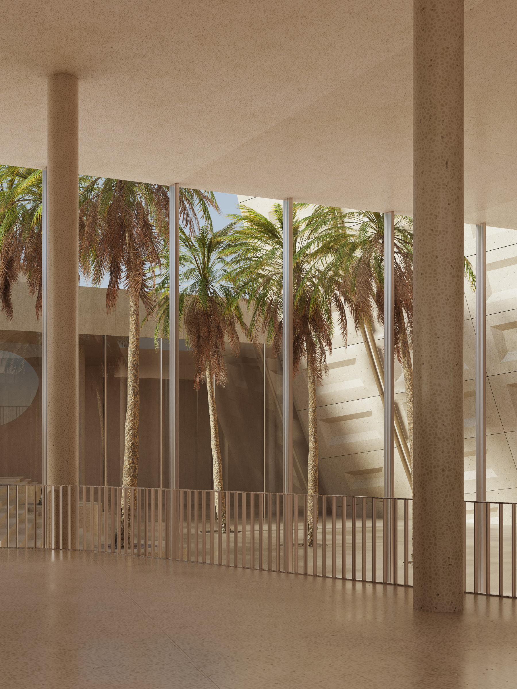 Interior CGI showing a shaded walkway beneath the gateway ring, with filtered light and raw concrete surfaces forming moments of spatial pause.