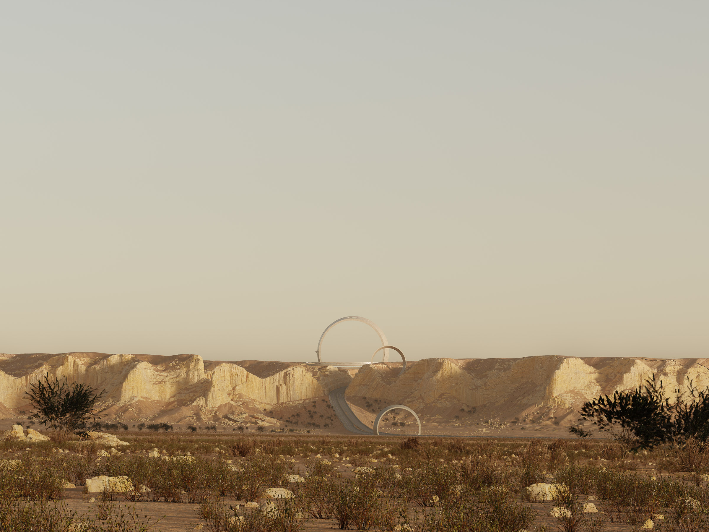 Overview CGI of the Astrolabe project showing the full extent of circular structures across the 25-hectare site at the edge of Riyadh.