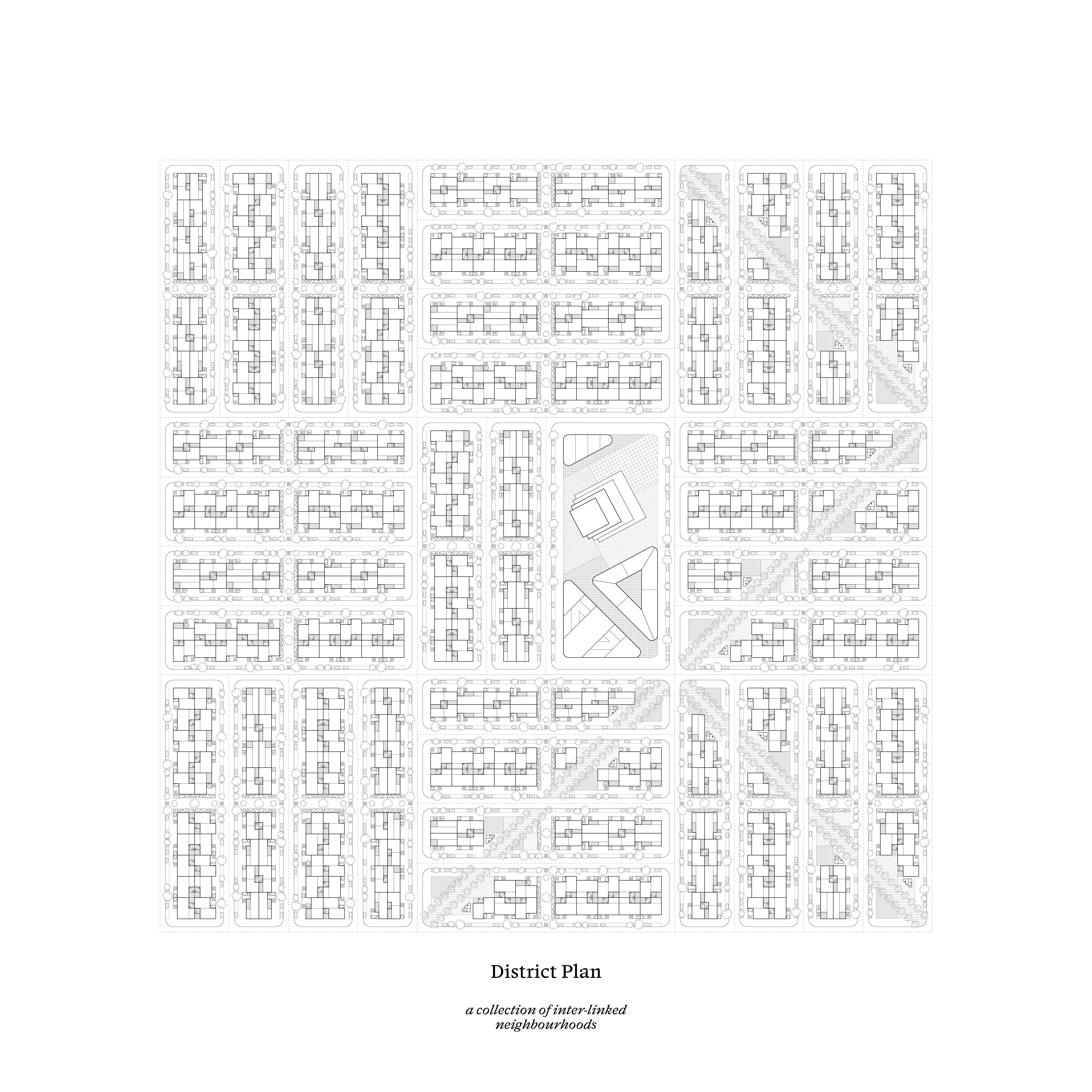 district plan showing interconnected neighbourhoods and civic organisation within micro city urban framework