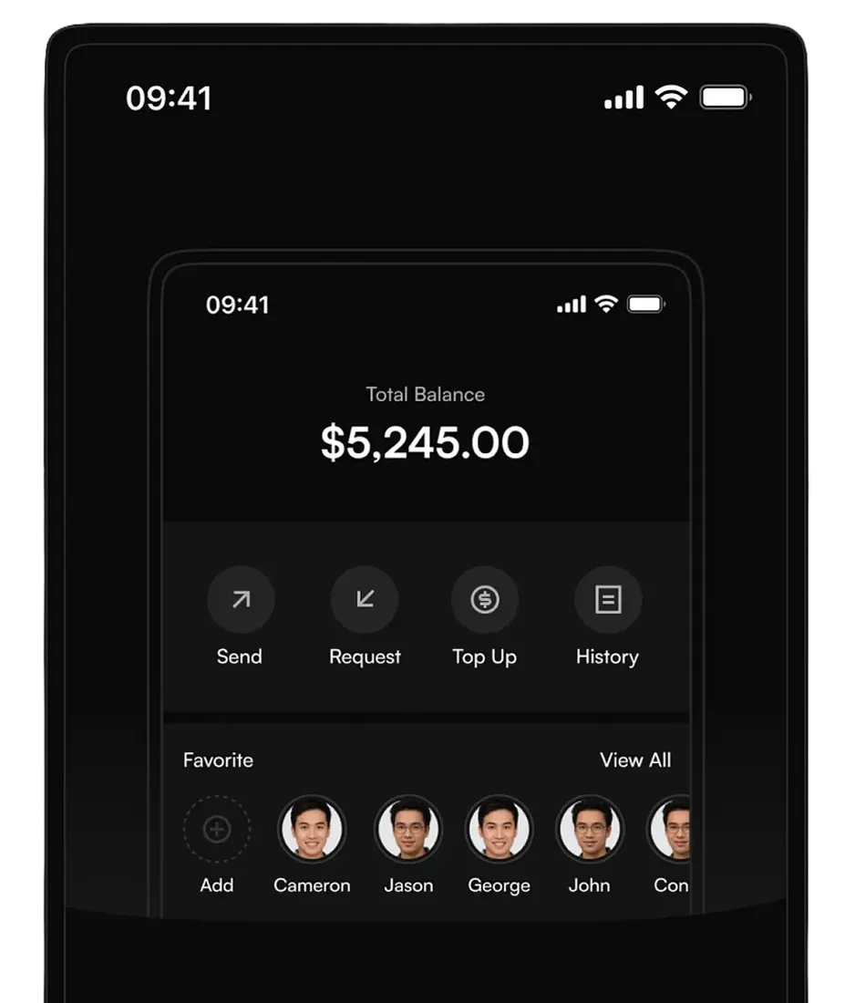 Mobile banking app interface showing $5,245 balance with Send, Request, Top Up, History options and favorite contacts