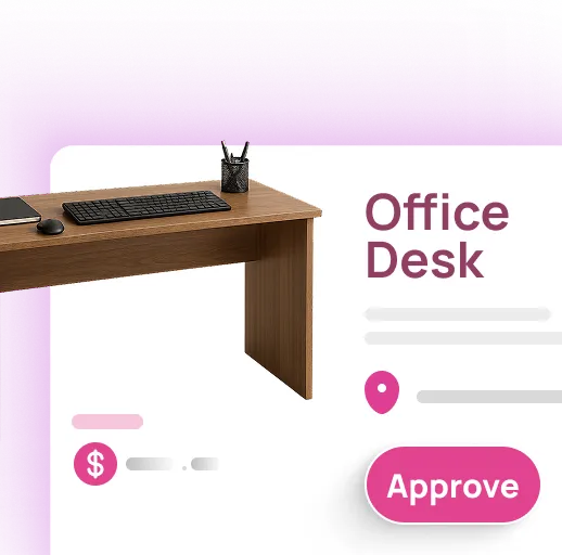 Wooden office desk with keyboard, mouse, and organizer on pink background