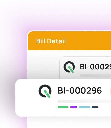 Bill detail interface showing invoice numbers BI-00029 and BI-000296 with status indicators