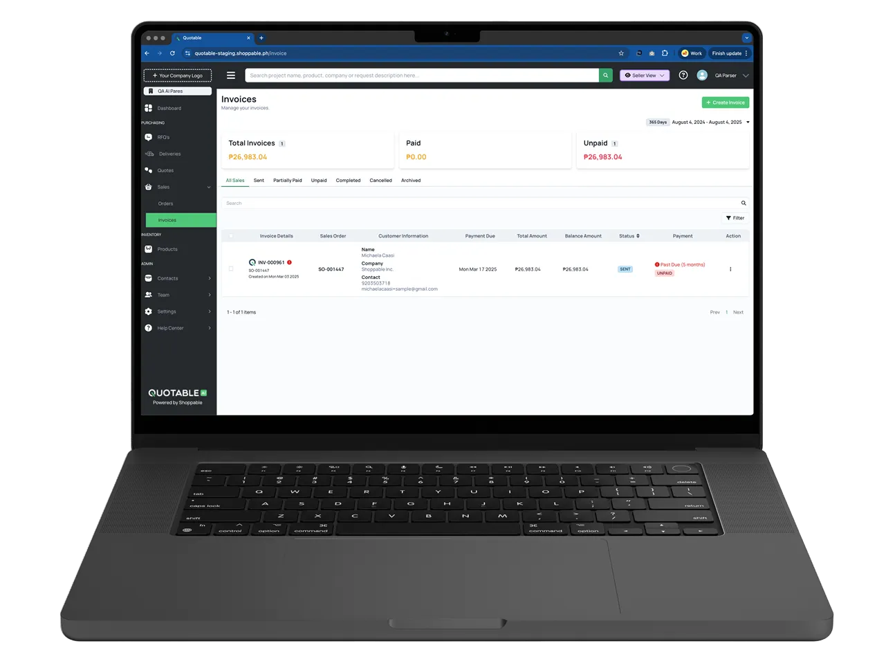 Laptop displaying Quotable invoicing dashboard with customer payment information and transaction details