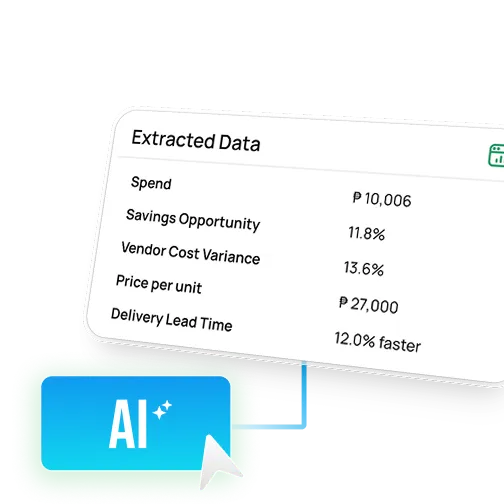AI extracting data showing spend, savings opportunity, vendor cost variance, price per unit, and delivery lead time metrics.