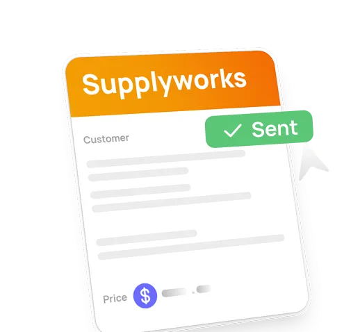 Supplyworks invoice document with customer details, price, and green sent status badge