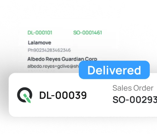 Delivery order confirmation showing tracking number DL-00039 and sales order SO-00293 with status marked delivered.