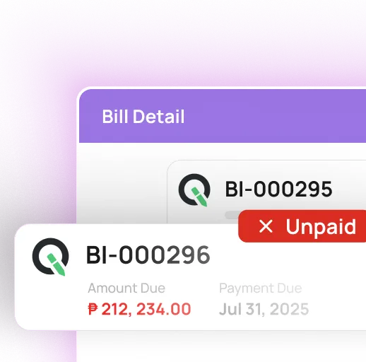 Bill detail showing unpaid invoice BI-000296 with amount due of 212,234.00 and payment due date of Jul 31, 2025