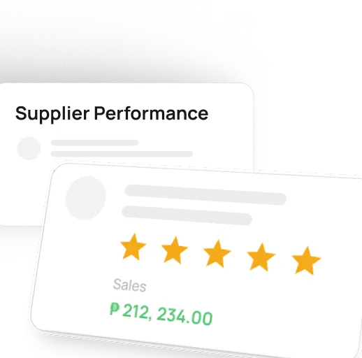 Supplier Performance card showing five gold stars rating and 212,234.00 peso sales.