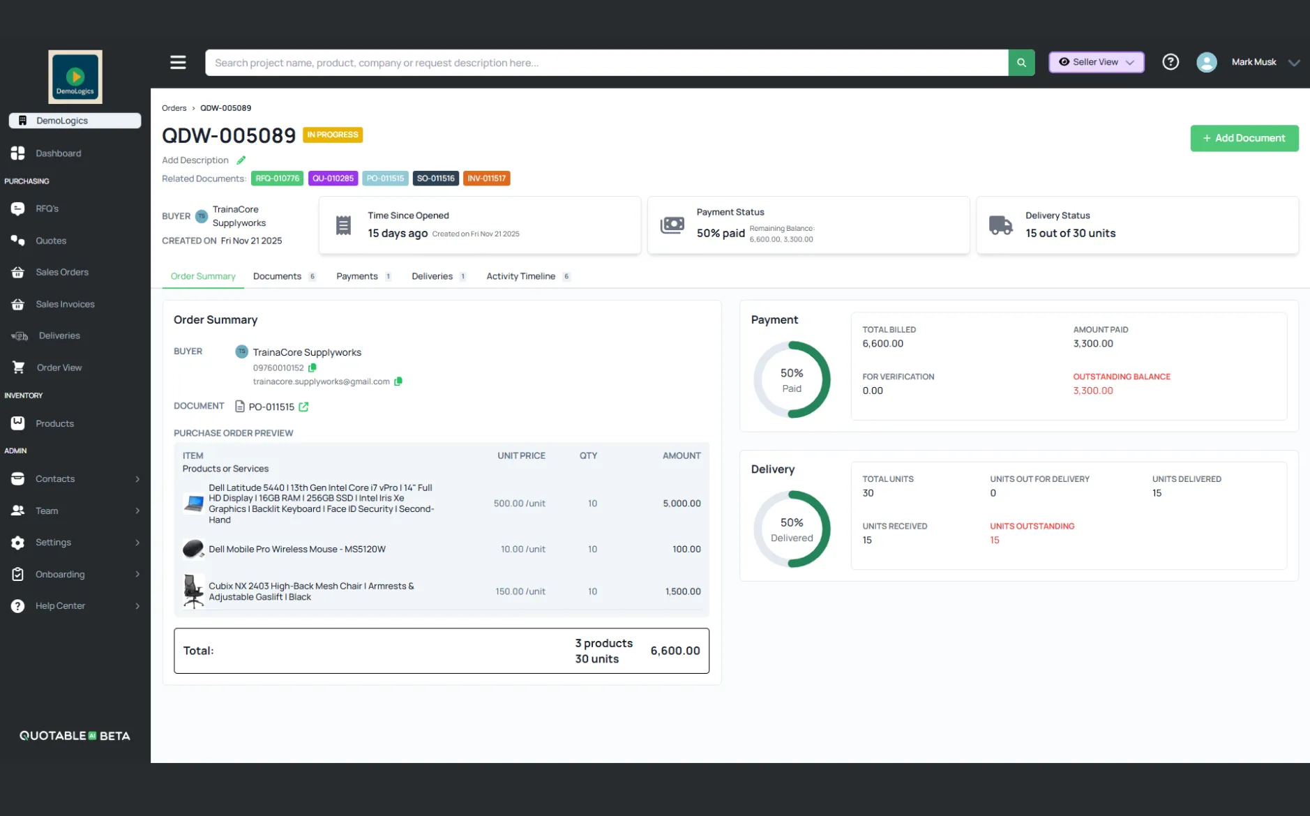 Quotable AI Purchase order QDW-005089 in progress showing order summary, payment status 50% paid, and delivery tracking.