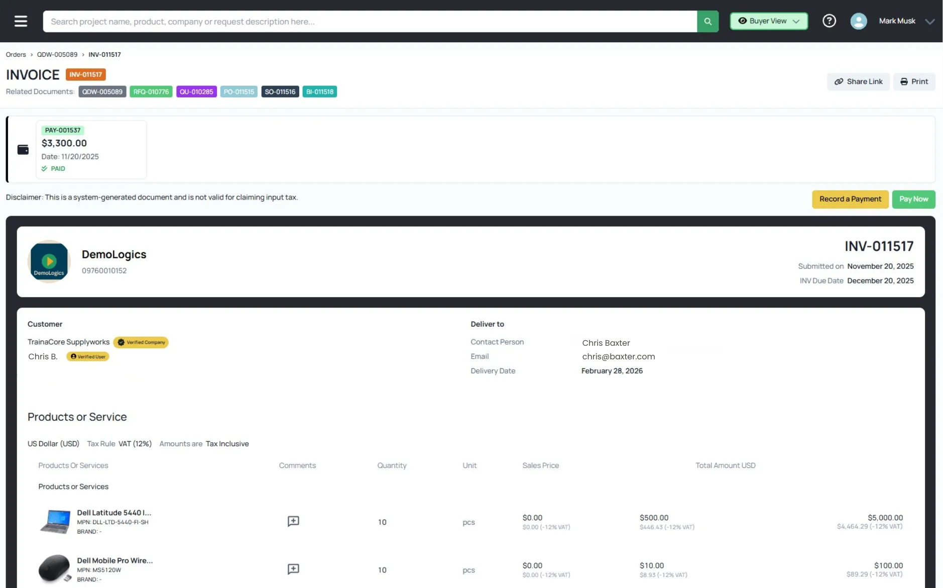 Quotable AI Invoice INV-011517 for DemoLogics showing $3,300 payment due December 20, 2025