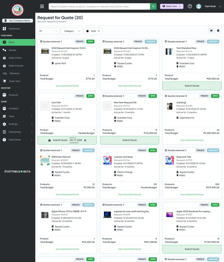 Quotable AI Quote management dashboard showing multiple requests for quotes with product details and budget information.